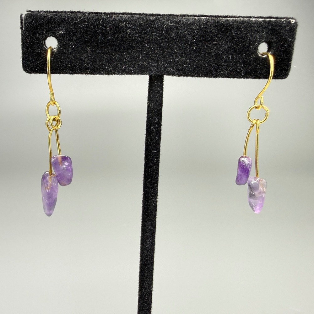 Vintage Purple Stone Dangle Earrings Pierced Gold Tone Boho Whimsical